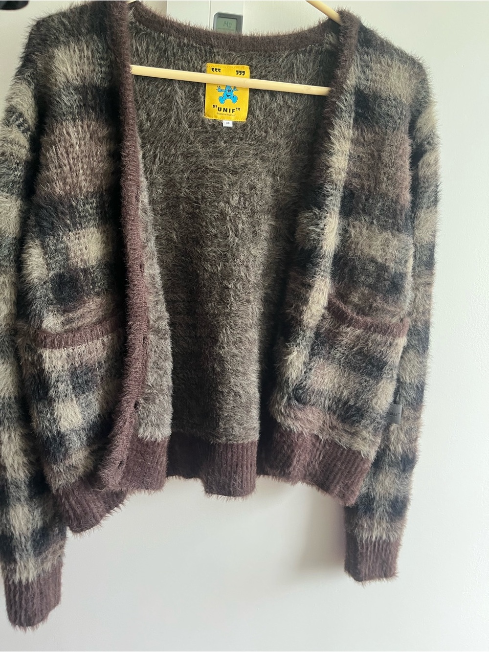 UNIF Brown Plaid Fuzzy Open-Front Cardigan